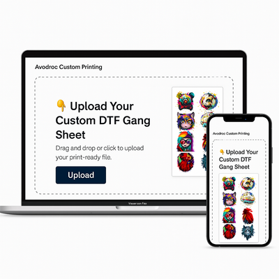 Laptop and mobile screen showing upload page for custom DTF gang sheet with vibrant designs.