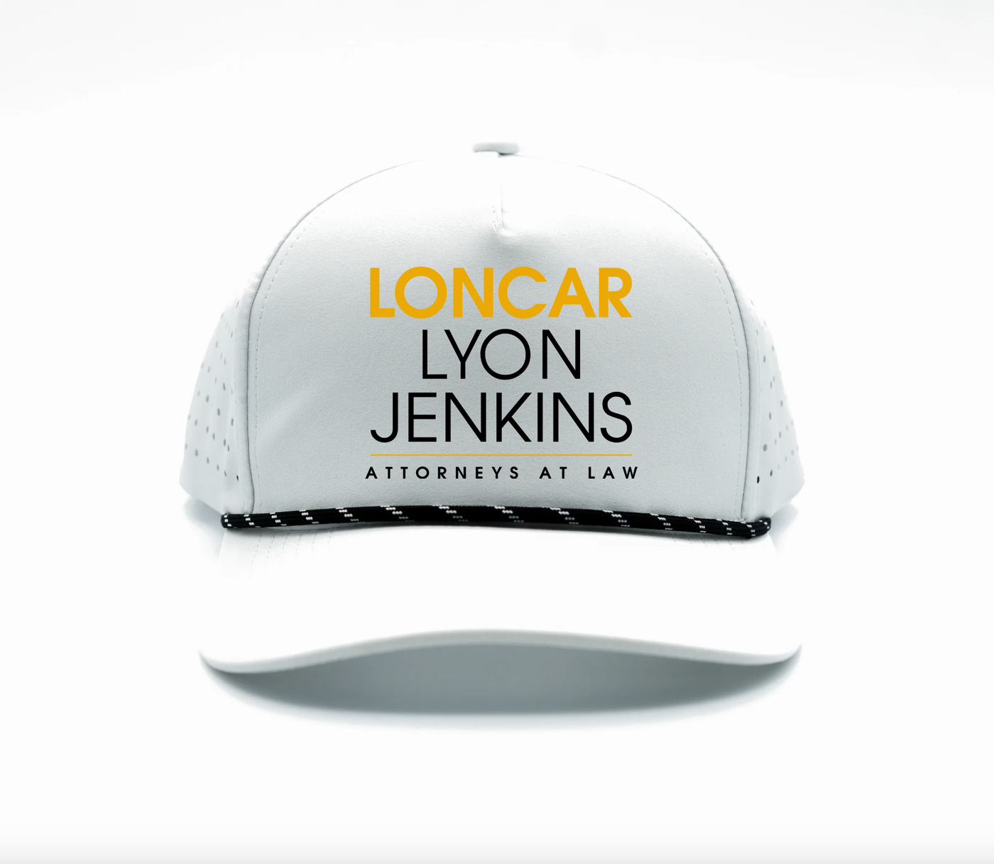 LYON JENKINS Hydro Hat in white featuring custom front logo for attorneys at law, stylish and professional headwear.