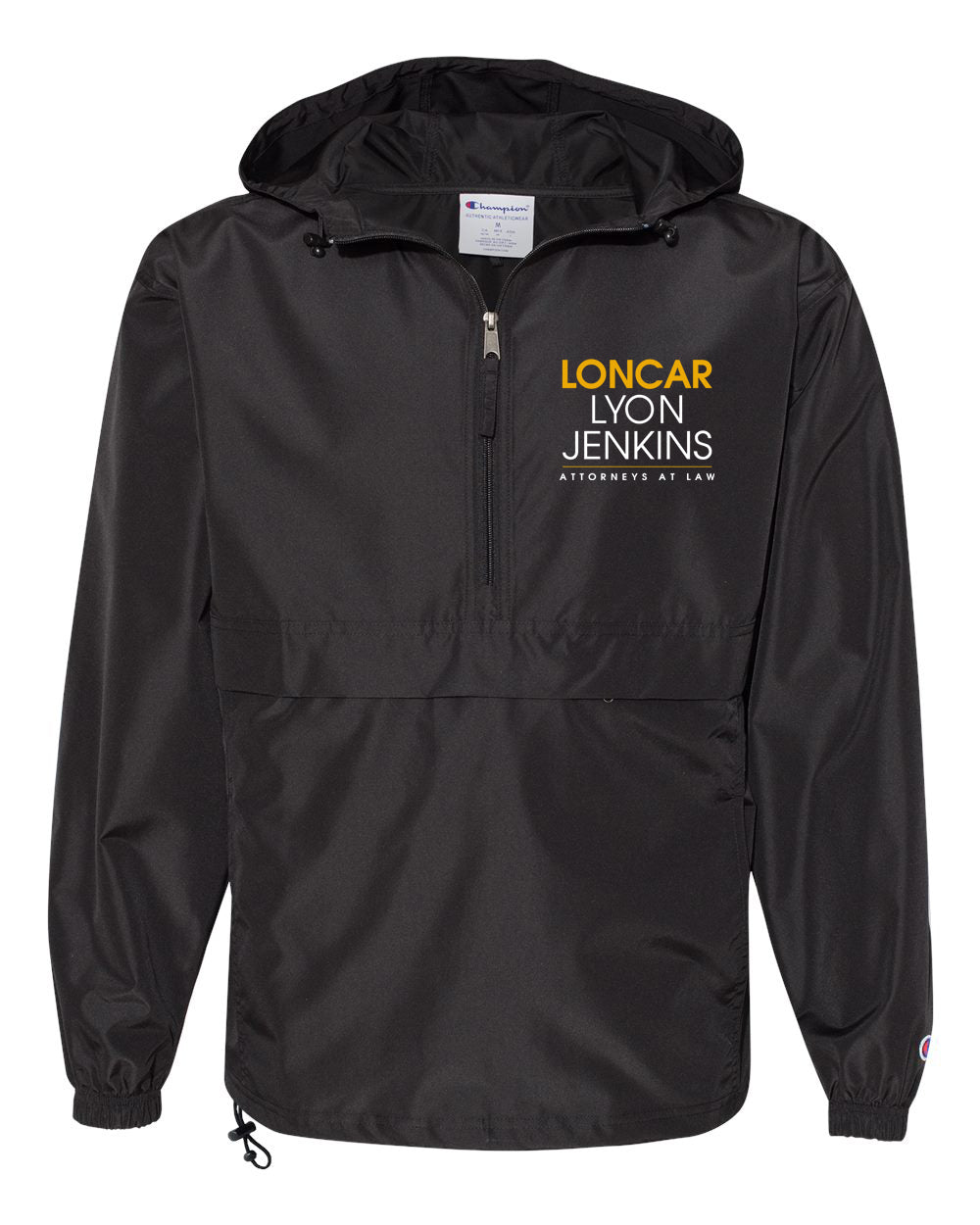 LYON JENKINS 1/4 ZIP WIND BREAKER in black with logo, high-quality Champion brand, perfect for custom branding.
