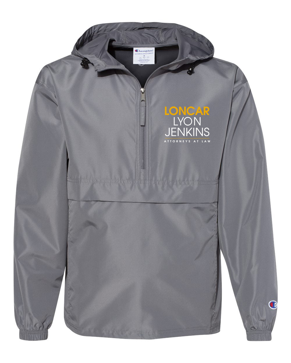 LYON JENKINS grey 1/4 zip windbreaker by Champion with front left chest and arm sleeve branding.