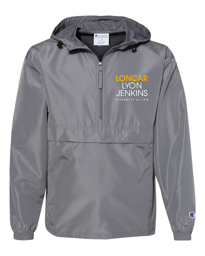 LYON JENKINS grey 1/4 zip windbreaker by Champion with front left chest and arm sleeve branding.