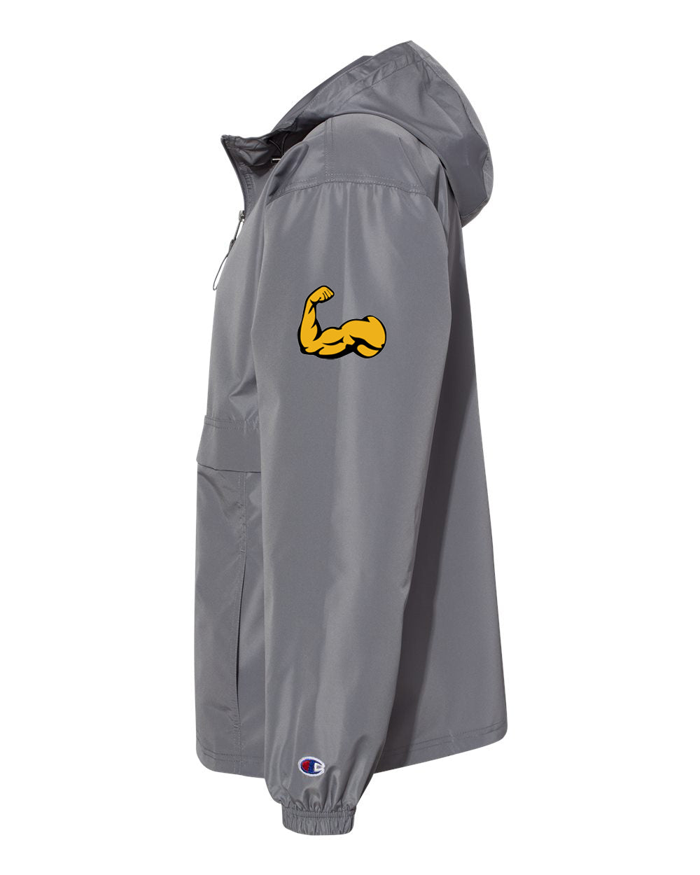 LYON JENKINS grey windbreaker with Champion logo, featuring custom designs on front chest and arm sleeve.