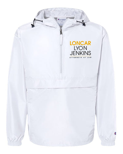 LYON JENKINS 1/4 zip windbreaker in white, featuring Champion branding on front chest and arm sleeve.