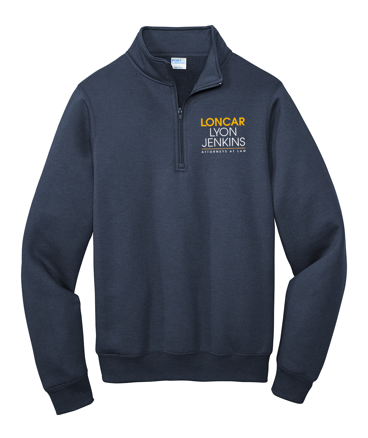 LYON JENKINS 1/4 zip sweater featuring a left chest logo in yellow and white on a dark fabric for stylish comfort.
