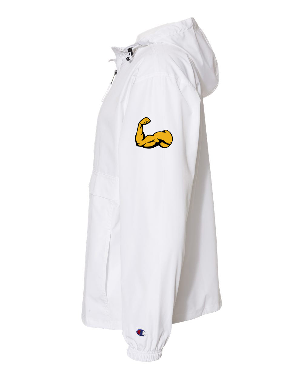 LYON JENKINS white 1/4 zip windbreaker with Champion branding and muscle graphic on sleeve.